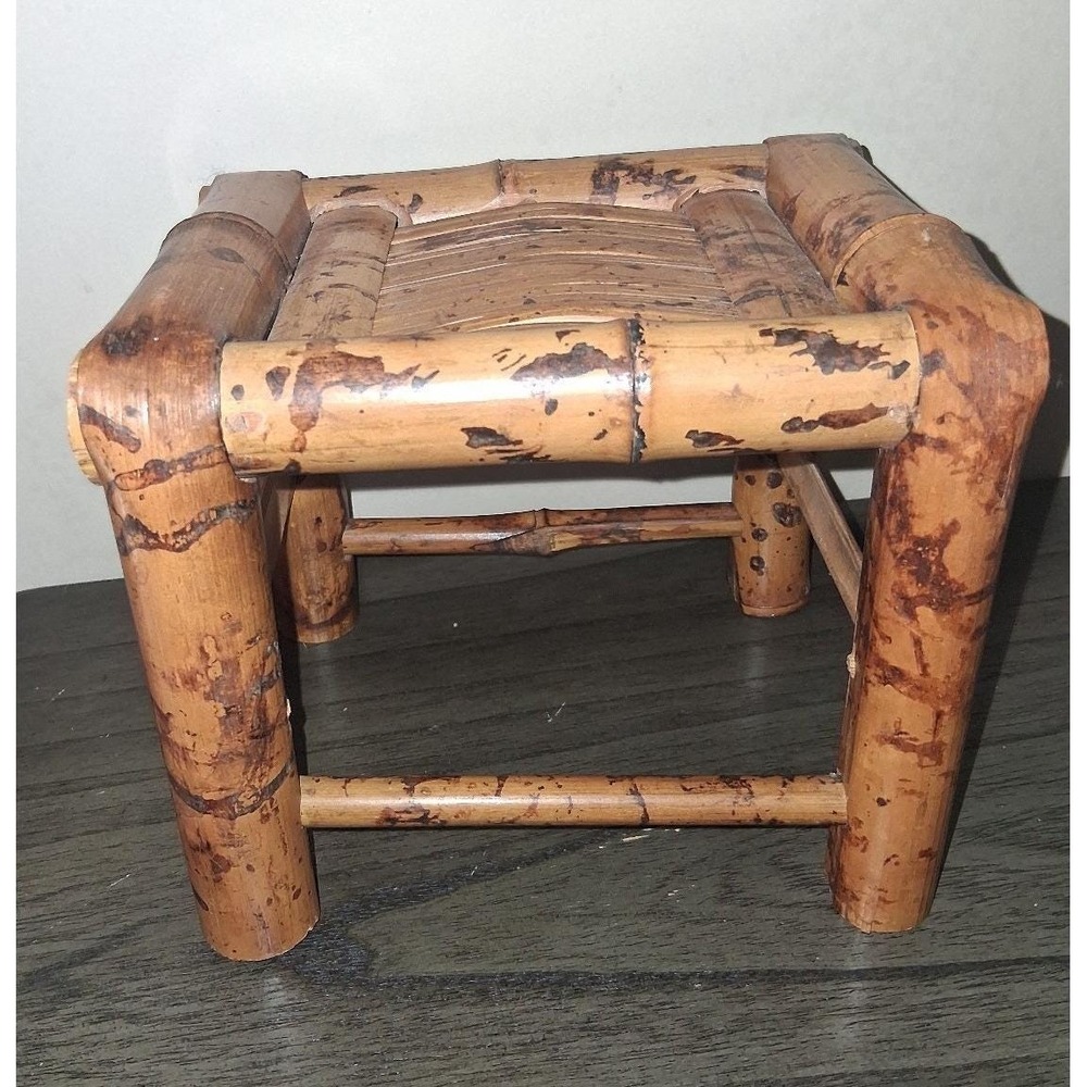 Vintage Bamboo Rattan Footstool Plant Stand Display Stand Boho Tiki Natural